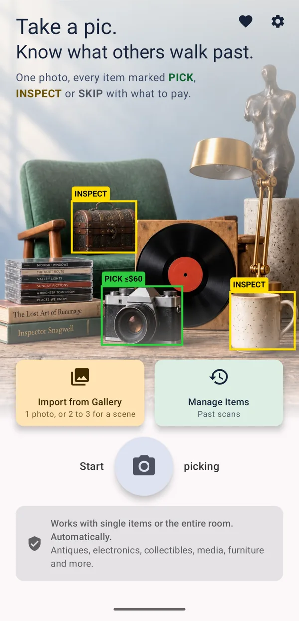 Picania home screen: one photo of a table with a camera marked PICK up to $60 and two items marked INSPECT, above buttons to import from the gallery, manage items and start picking